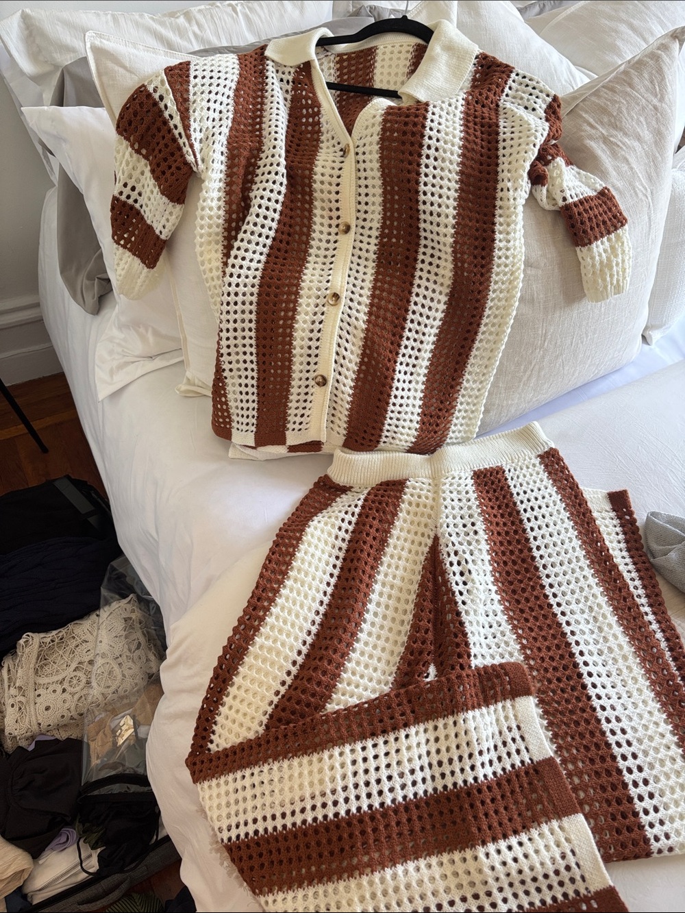 Vintage-Inspired Crochet Two-Piece Set — Cream & Rust Stripes